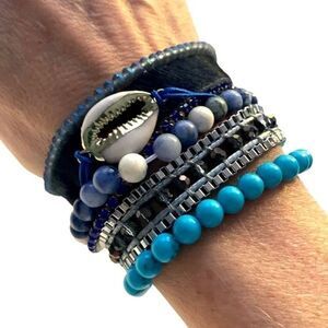 Victoria Emerson Boho Cuff Bracelet with Shell Accent and Turquoise Blue Beads